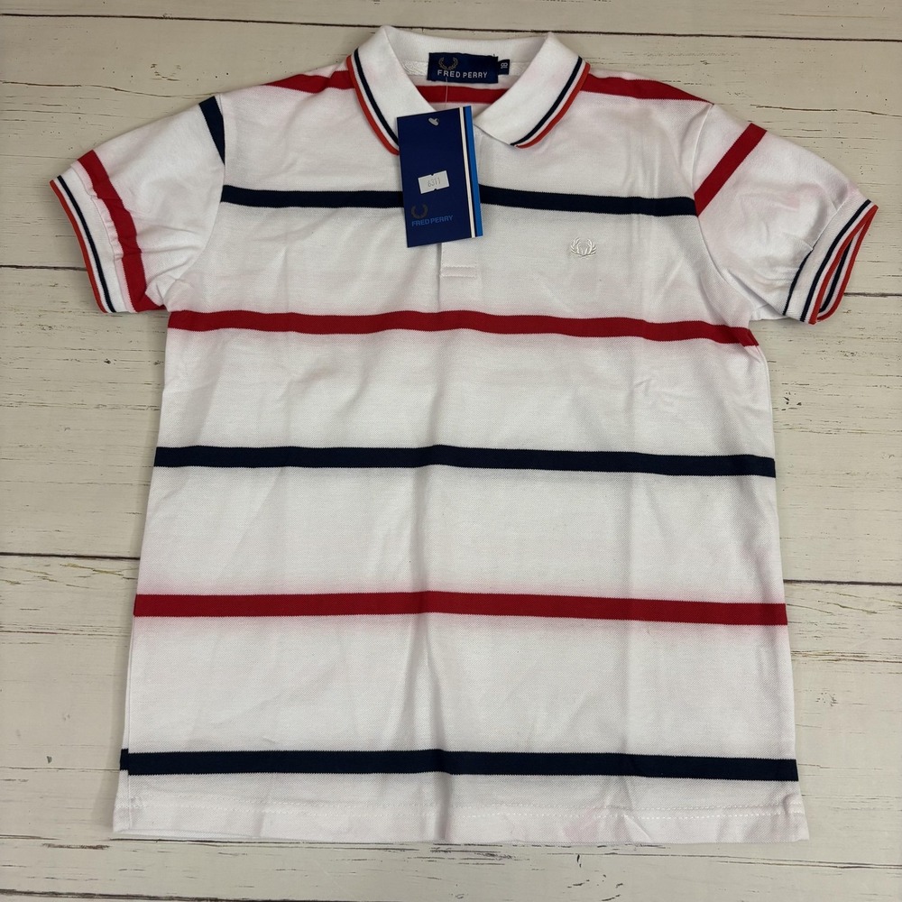 Fred Perry Polo Shirt Boys 8 White Red Navy Stripe Cotton Embroidered Logo